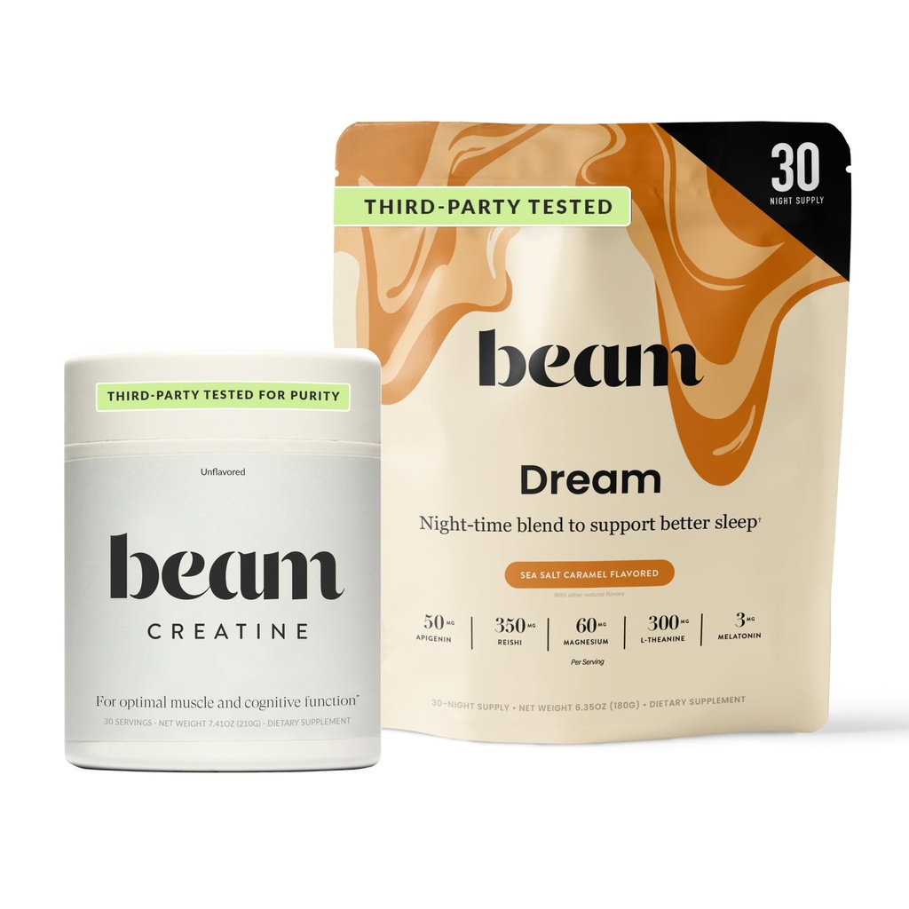 Beam Dream Sleep Powder & Creatine Bundle, Třetí strana Testována přírodní spánková pomoc & Zotavení dodatek s mikronizovaný Creatin Monohydrát, Neochucený čistý Creatin prášek pro svalovou sílu, energie