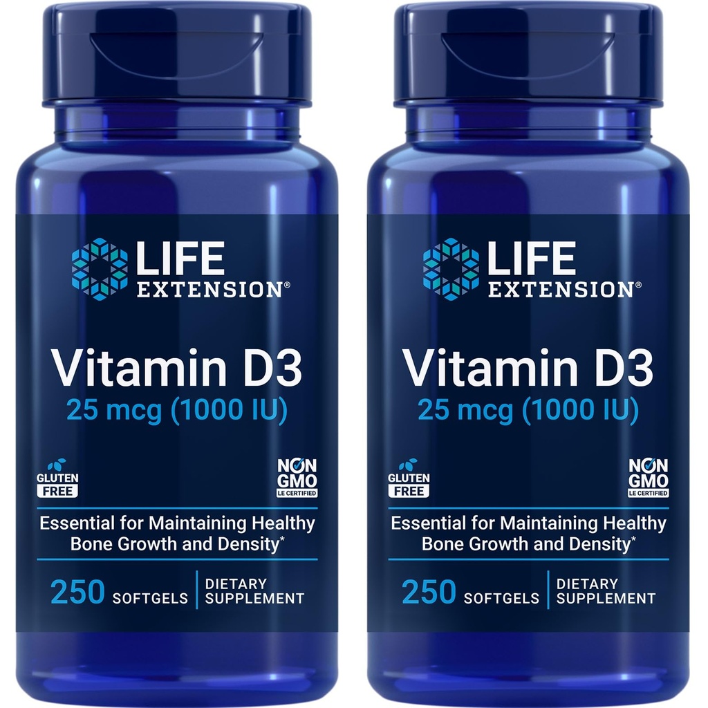 Life Extension Vitamin D3 25 mcg (1000 IU), Podpora imunitního systému, Kostní zdraví, Celotělesné zdraví, Velikost hodnoty, Gluten- Free, Non- GMO - Dva balení - 2 x 250 Softgels