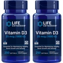 Life Extension Vitamin D3 25 mcg (1000 IU), Podpora imunitního systému, Kostní zdraví, Celotělesné zdraví, Velikost hodnoty, Gluten- Free, Non- GMO - Dva balení - 2 x 250 Softgels