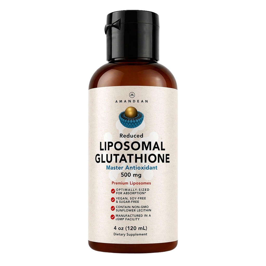 AMANDEAN Liposomal Glutathione dodatek. Liquid Reduced Setria 500mg. Imunitní podpora, Brain Health, Jaterní Detox, Skin Health. Fosfatidylcholin z Non- GMO slunečnice Lecithin. Soy- Free & Vegan.