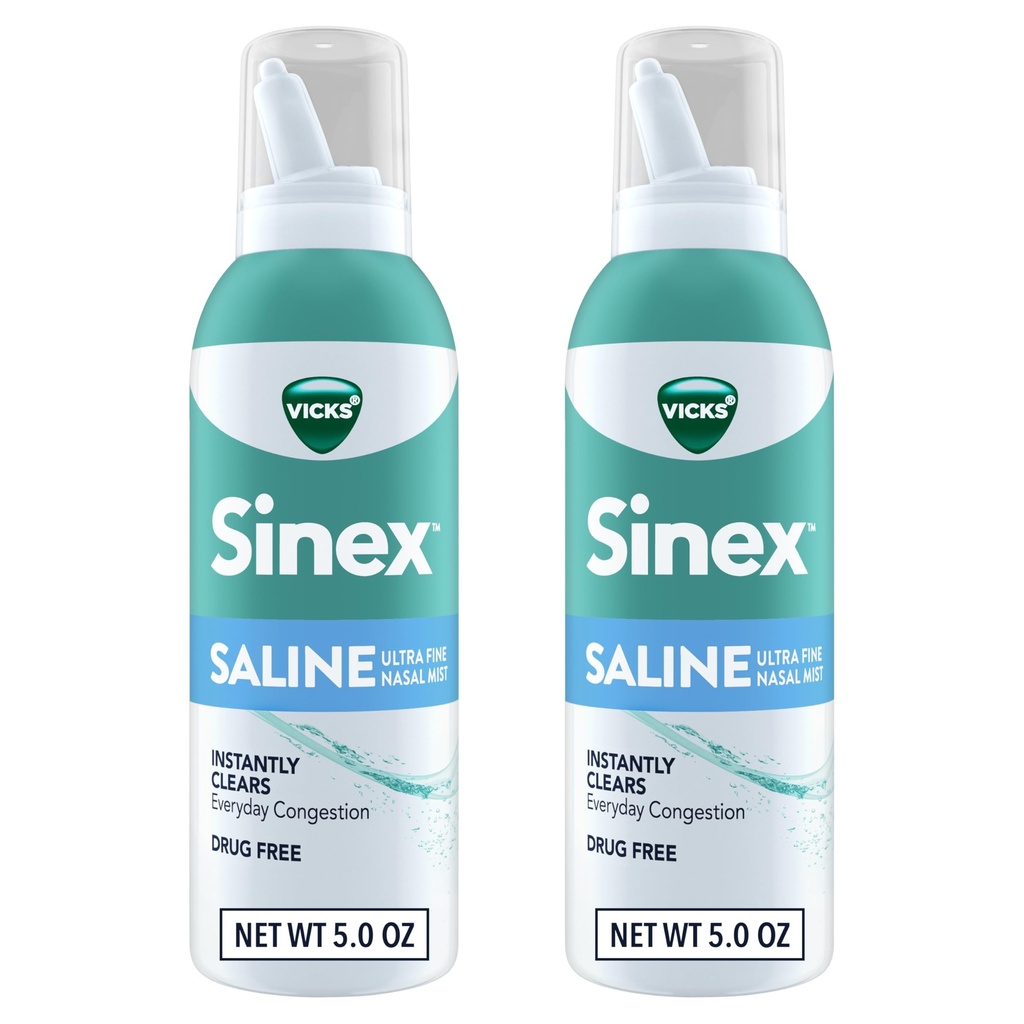Vicks Sinex SALINE Nasal Spray, Drogy zdarma Ultra Fine Mist, Clear Everyday Sinus Congestion Fast, Clear Mucus z chladu nebo alergie, Denní použití 5.0 fl oz x 2