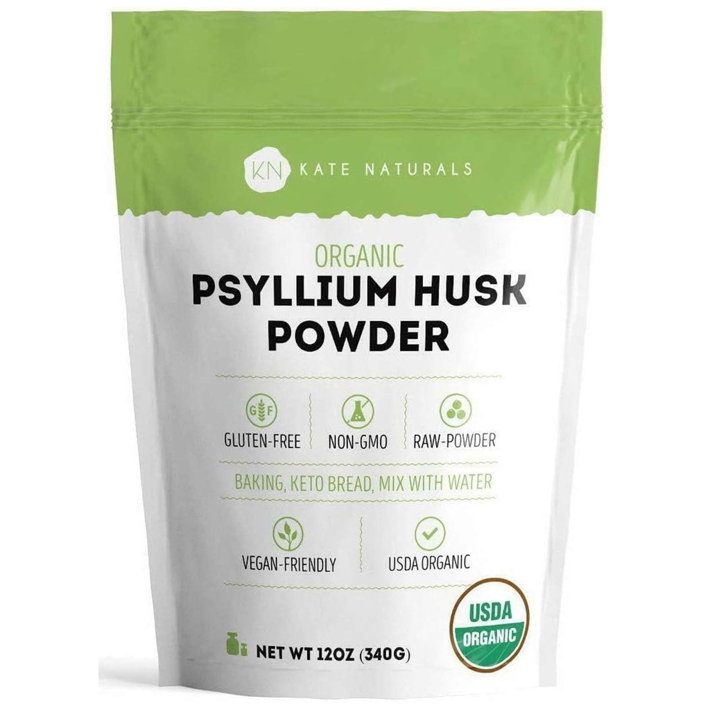 Kate Naturals Psylium Husk Powder for Baking, Fiber & Digestion. Psylium Seed Powder for Dogs & Cats (12oz, Organic, gluten zdarma, Pet Safe)