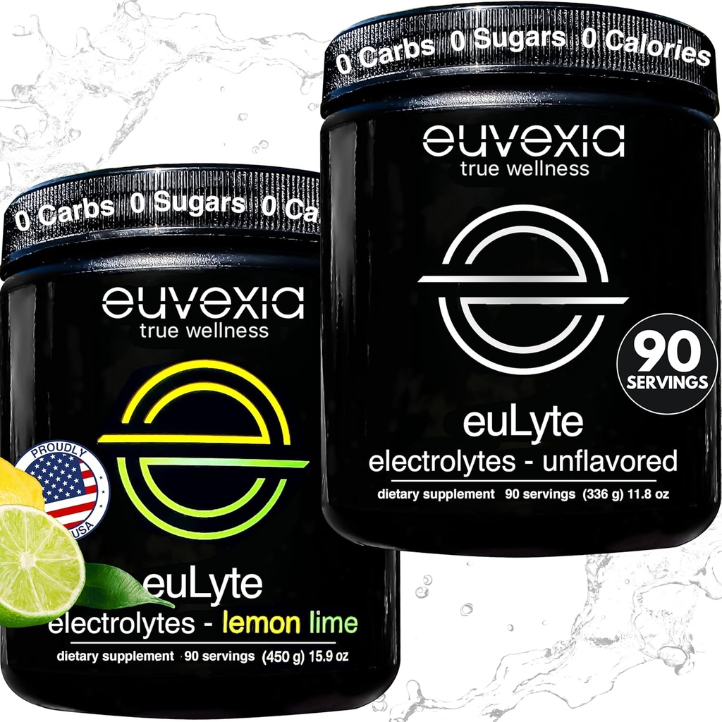 Euvexia Dr. Ekberg euLyte Electrolytes Bundle 124; Neochucené + Lemon Lime Variety Pack 124; Sugar Free Electrolyte Powder s 80 + Minerály 124; 90 Serving Each Flavor 124; Keto Fasting Hydration Support