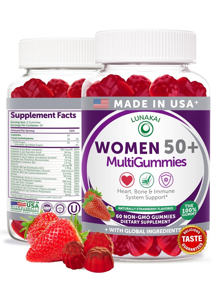 Lunakai USA Made 50 Plus ženské multivitaminové žvýkačky - Delicious Formule Vylepšená s esenciálními vitamíny a minerály pro zdraví a vitalitu - 60ct