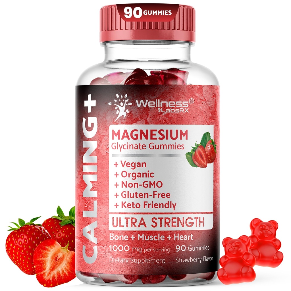 Magnesium Glycinate Gummies, 1000 mg - Hořčík dodatek k podpoře relaxace, srdce zdraví - Žvýkací klid Magnesio Gummies pro dospělé, Glicinato De Magnesio - Strawberry Flavor