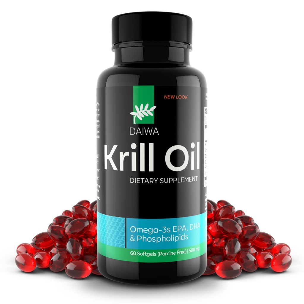 Daiwa Krill Oil 1000mg Softgels - EPA DHA Omega 3 Antarktida Krill Oil Dodatek s Astaxanthin - Přírodní řešení pro kloub, podporu mozku a zdraví srdce - 60 / ct