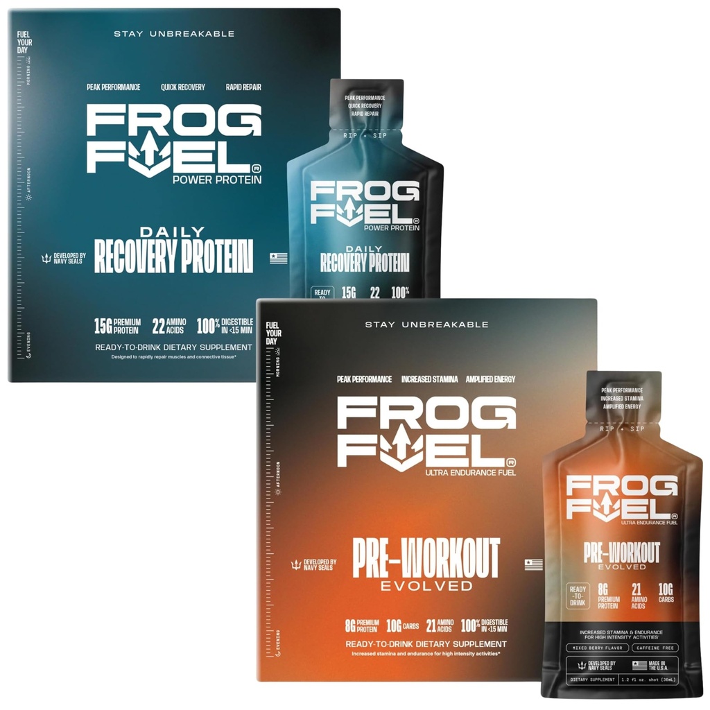 Frog Fuel Power Regular Protein & Ultra Pre Workout Shot Bundle, 1500mg Beta Alanin, 15g Protein Nano- Hydrolyzované trávě Fed kolagen, Pre & Post cvičení, 1.2 oz Packets, 48 Pack