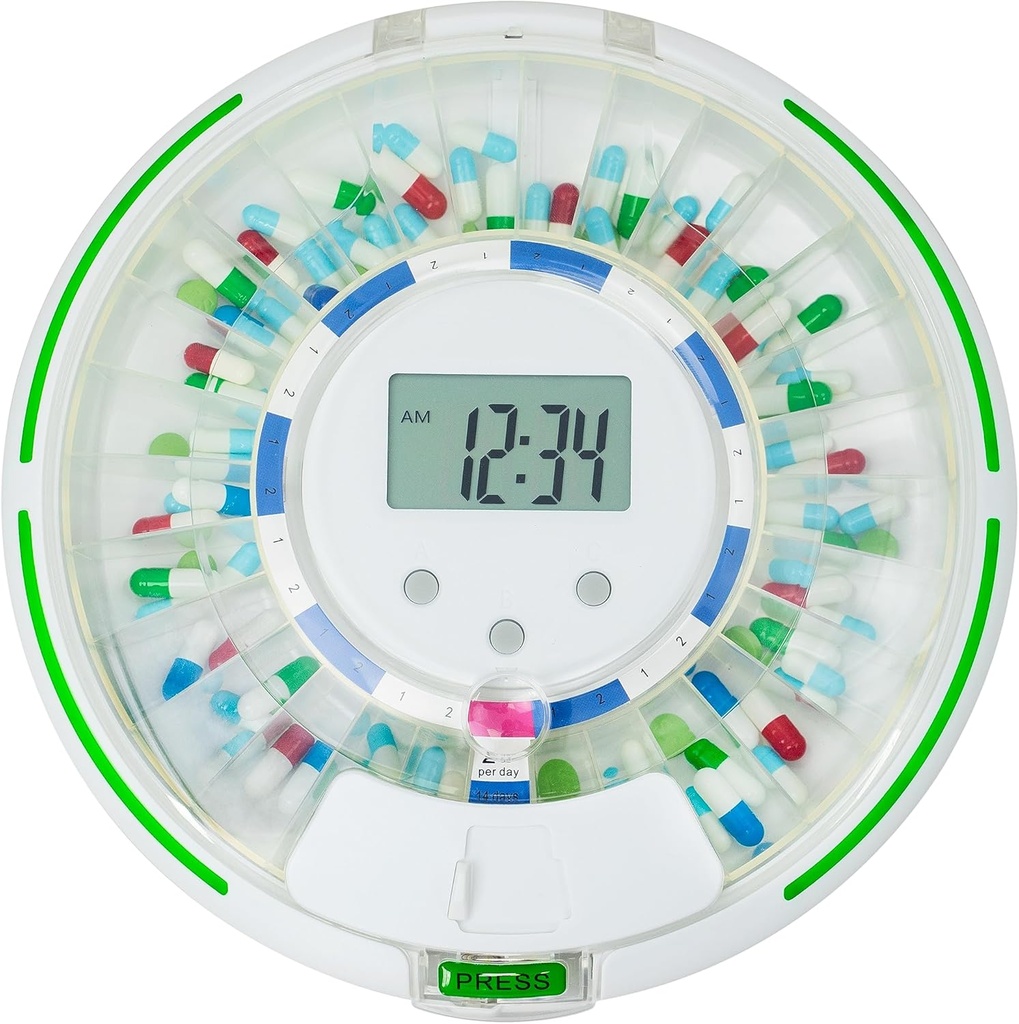 Automatické dávkovací dávkovač pro seniory s alarmem, Lock 28- Day Medication Dispenser, 6 Dávkování Šablony, Zvukové a lehké varovné & Klíč pro vitaminy, doplňky (Clear Lid)