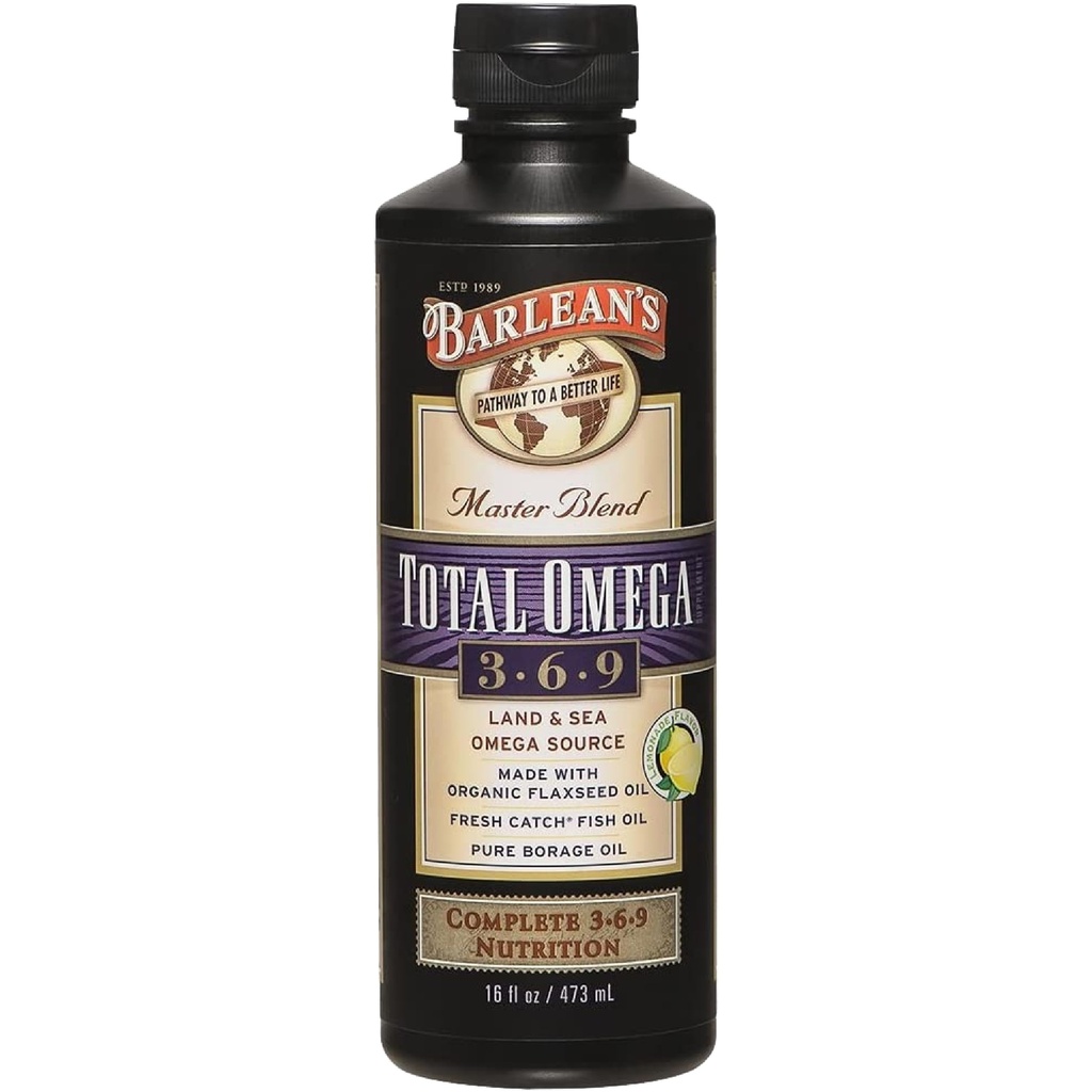 Barlean 's Total Omega 3 6 9 Liquid Fish Oil Supplement with Borage and Flaxseed Oil 6,468 mg Omegas EPA, DHA, ALA, and GLA for Joint and Heart Health, 16 oz