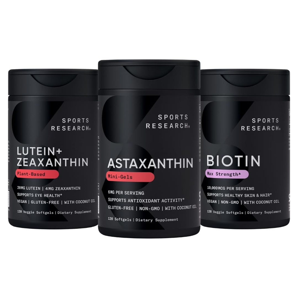 Sport Research Biotin (B7) 10,000mcg + Lutein + Zeaxanthin (20mg) + Astaxanthin dodatek z Řasy (6mg) - Všechny Veganské 124; 120 Softgels Každý 124; Vše vyrobené s kokosem olej pro lepší absorpci