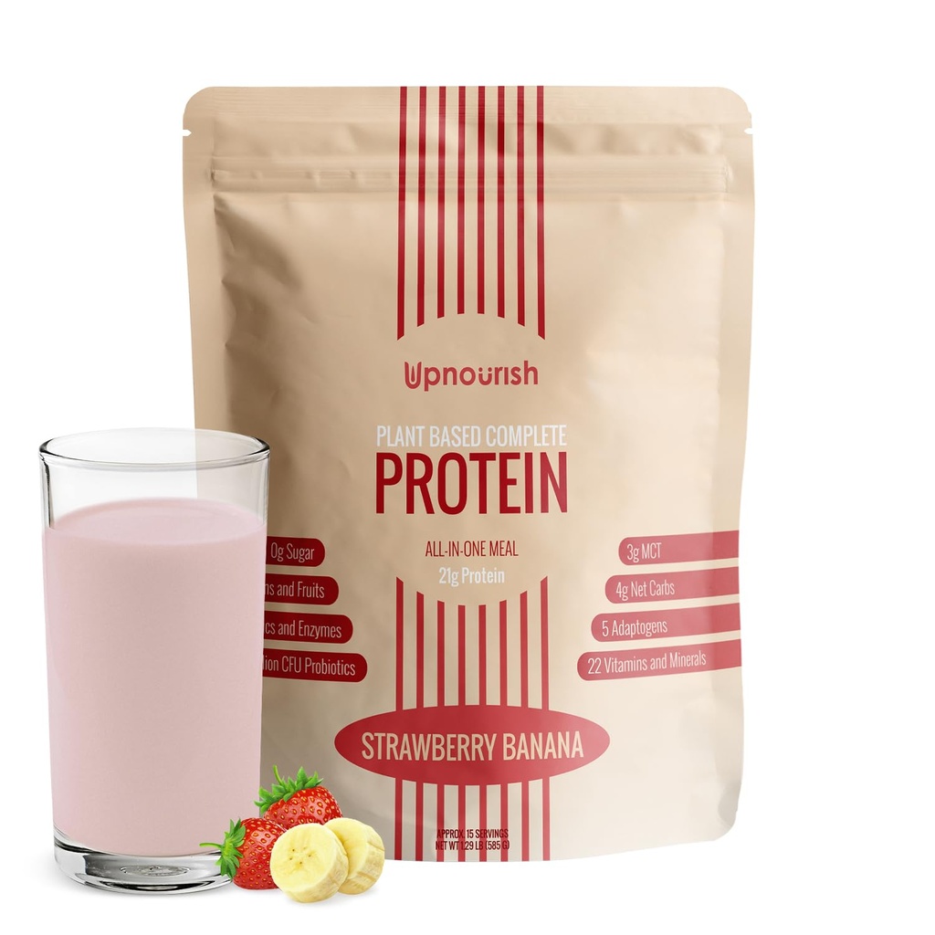 UpNourish Strawberry Banana Vegan Protein Powder 54 Superfoods Powder, 1.5 Miliony CFU Probiotika 21g Plant Based Protein, No Sugar No Dairy No GMO Dairy Free, Jídelní náhrada Shake Keto- Friendly Low- Carb Diet, 15 Serving