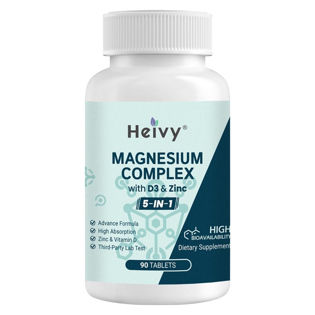 Heivy Magnesium Complex, Magnesium Glycinát, Citrát, Malate, Oxid, Glukonát se zinkem a vitaminem D3, doplněk hořčíku pro svalovinu, Nerve, srdce, podpora kostí, vysoká absorpce, 90 tablet