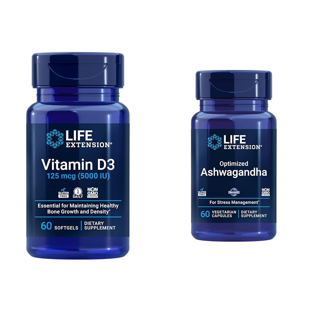Life Extension Vitamin D3 5000 IU, Ashwagandha - Stress Relief, Focus, Memory, Mood Support - Non- GMO doplněk Bundle