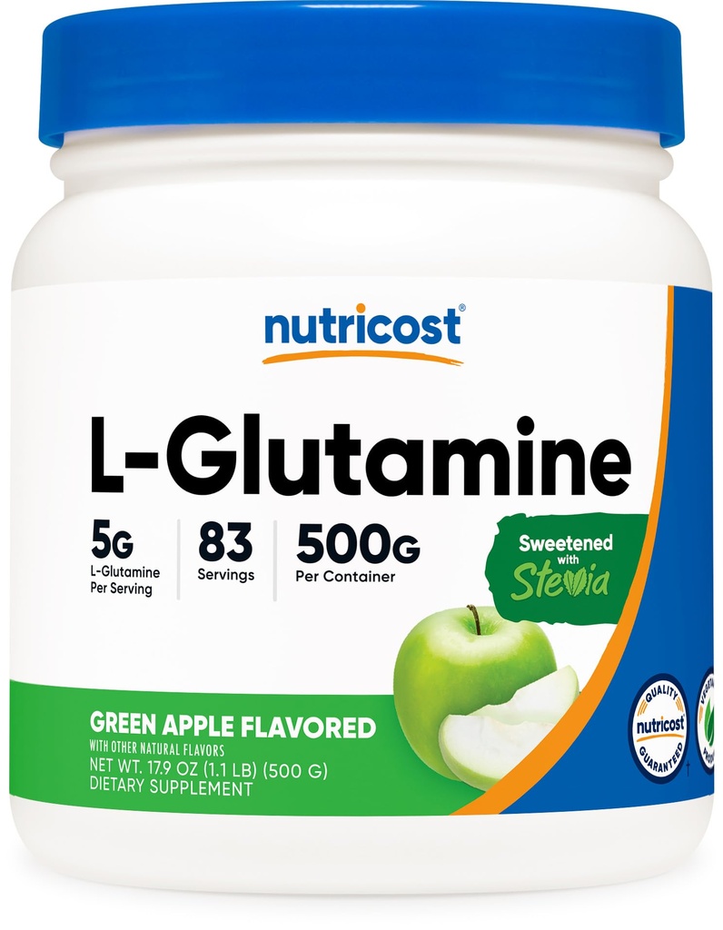 Nutricost L-glutamin Powder Supplement (Green Apple) 500g - Gut Support, 5 Grams per Serving, Sweeced with Stevia - Gluten Free, Non GMO