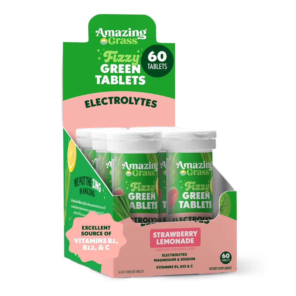 Amazing Grass Electrolyte Tablety, Fizzy Zelená Voda Ochucení Tablet s vitamíny, Hydrate Jahodová Lemonade, 10 Počet (Balení 6) (Balení května Vary)