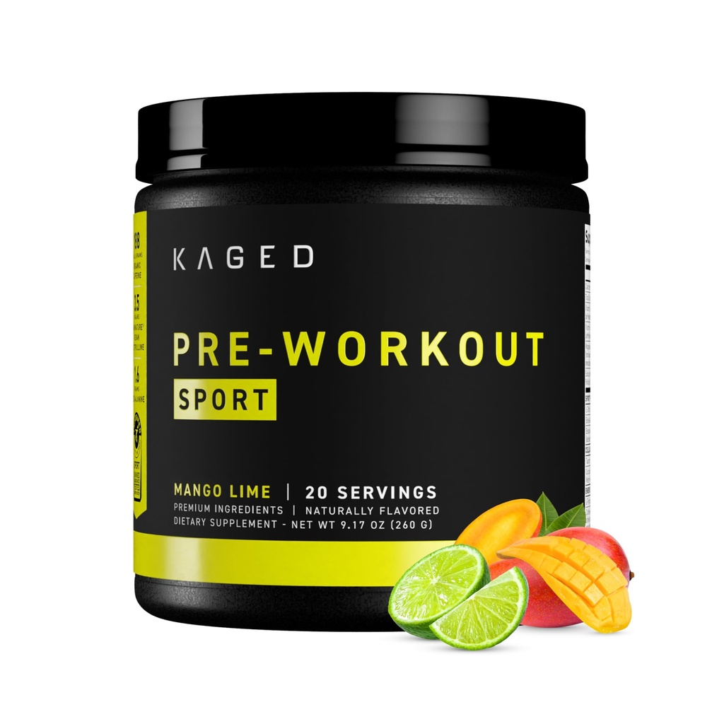 Kaged Sport Pre Workout Prášek pro muže a ženy, Mango Lime, Sport Certified, 188mg kofein, oxidy dusíku dodatek, Beta Alanin pro energii, Váhy, Cardio Endurance & Strength, 20 Služeb
