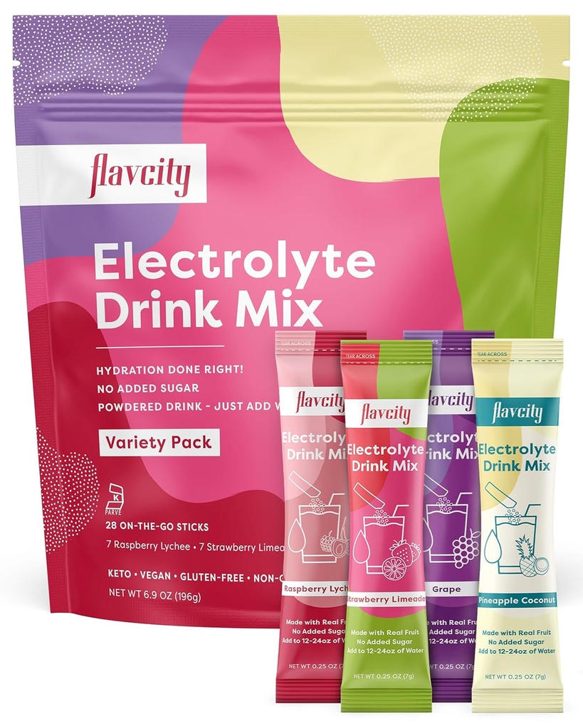 FlavCity Electrolytes Drink Mix, Variety Pack, 28 On-TheGo Stick Packs - Zdravé Electrolytes Powder Packets Made with Real Fruit - Keto práškový nápoj bez přidaného cukru, gluten- zdarma