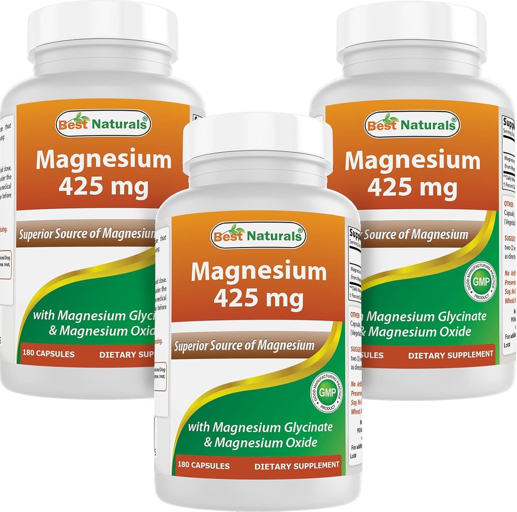 Nejlepší naturals Magnesium 425 mg 180 Veggie Kapsle - Vysoká absorpce Glycinát hořečnatý a oxid hořečnatý Chelatovaný, Non- GMO, Gluten volný svalový relax (180 Počet balení po 3)