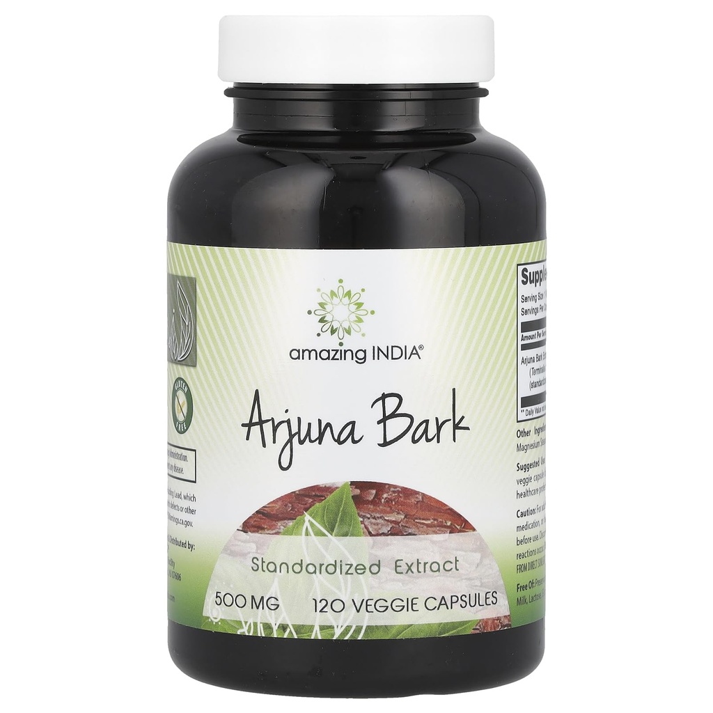 Amazing India Arjuna Bark Extract Dodatek 124; 500 Mg CLANE124; 120 Veggie Kapsle 124; Non- GMO CLANE124; Gluten Free CLANE124; Made in USA