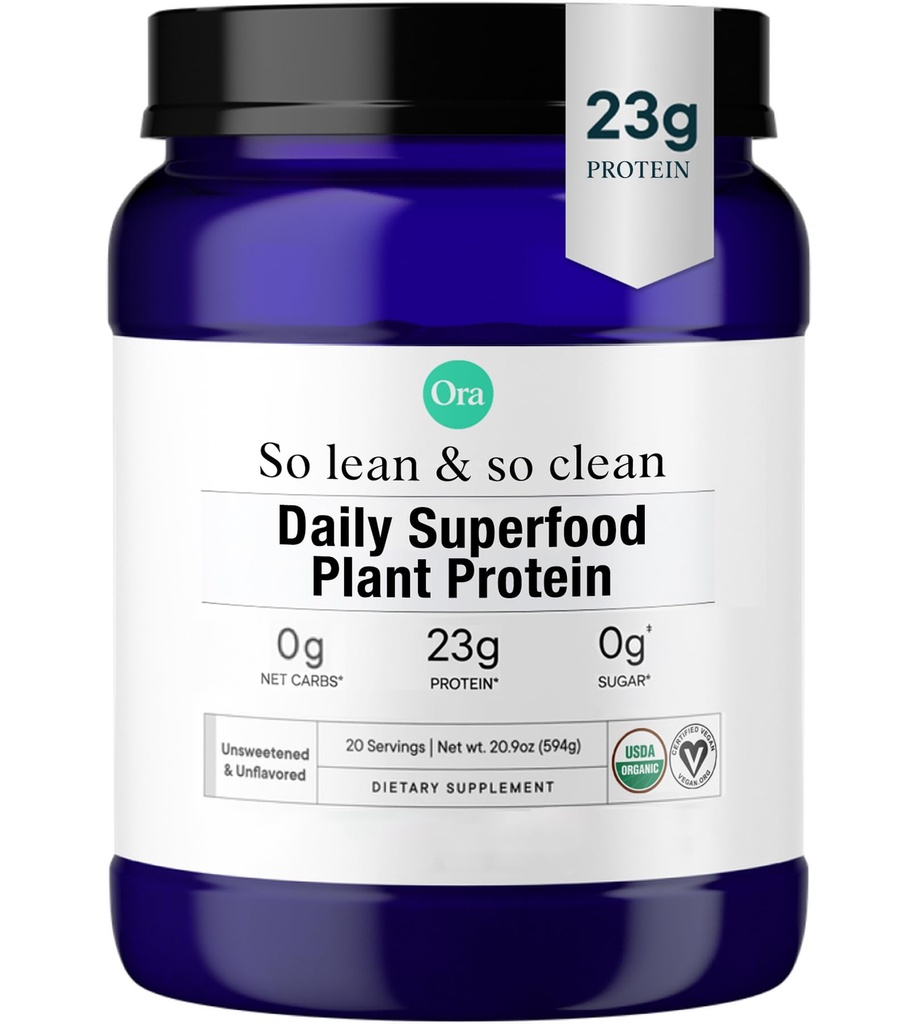 Ora Organic Vegan Protein Powder - 23g Plant Based Pea Protein + Superfood for Women and Men - Neslazené & Neochucené - 20 Služeb, No Erythritol, Keto- Friendly, Gluten- Free, Paleo, Soy- Free