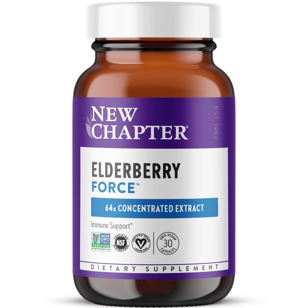 Nová kapitola Vegan Elderberry Kapsle s 64x Koncentrované černé Elderberry + Černý Currant pro komplexní imunitní podporu, Non- GMO projekt ověřen, gluten zdarma, Certified Vegan, 30 Počet