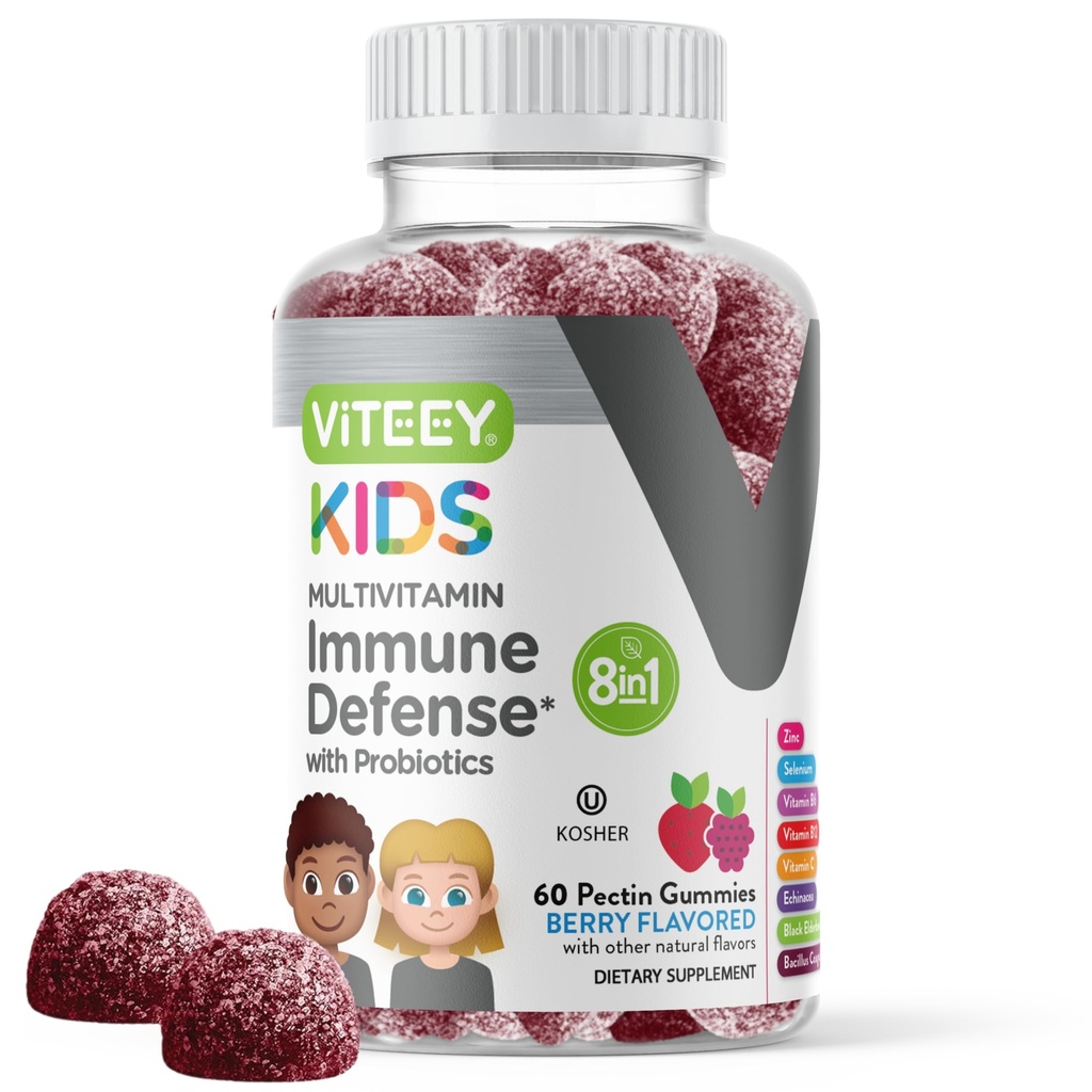 Viteey Kids Multivitamin Gummies with Probiotics - 8-1 Kids Vitamíny pro podporu imunitního zdraví s vitamínem C, D3, B12, B6, Zink, Elderberry, Selen - Vegetarian - Chewable Tasty Berry Ochucené