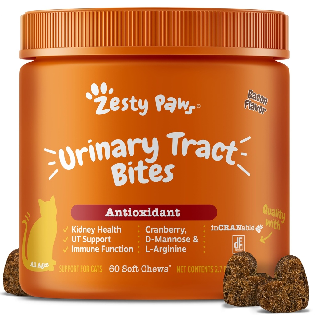 Zesty Paws Cranberry Tract Bites for Cats - Ledviny & Močové Tract Health - Soft Chews with D- Mannose, Vitamin B6 & L- Arginin - Immunní & Gut Support - Bacon - 60 Count