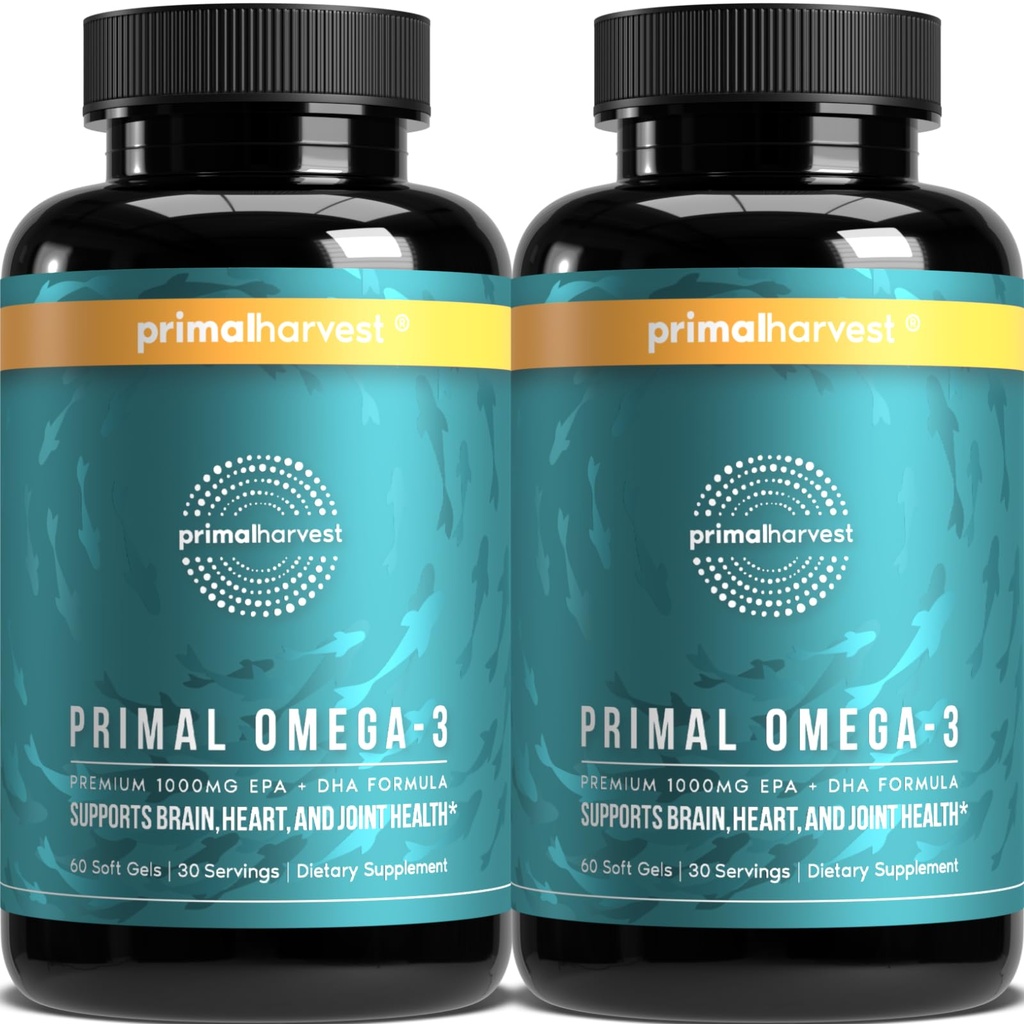 Primal Harvest Omega 3 Rybí olej doplňky, 30 Doručování měkké gely kapsle w / 1000mg EPA + DHA doplňky, No Fishy Burps Non- GMO Omega 3 mastné kyseliny, 2 balení