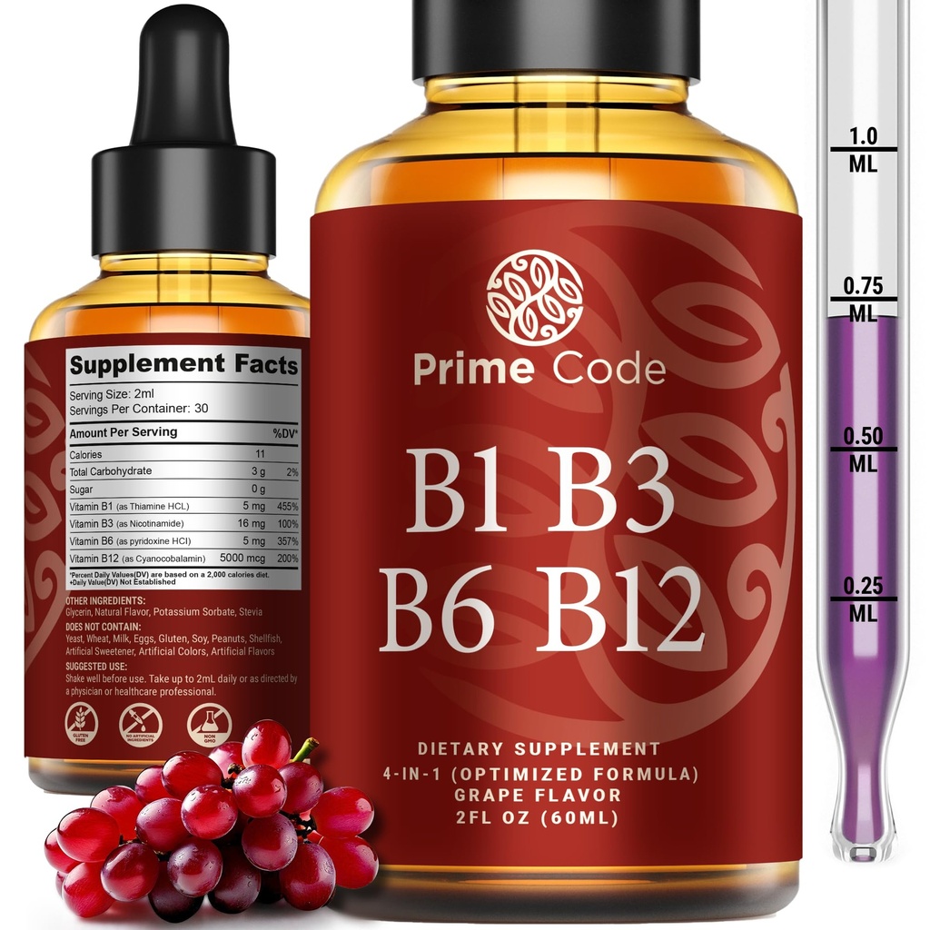 Prime Code Liquid Vitamin B1 Kapky s vitaminem B3 B6 & B12 CLAS124; B Complex Liquid Supplement CLAS124; Thiamin dodatek pro dospělé 124; High Absorption CLAS124; Imunitary Support CLAS124; Non- GMO CLAS124; Gluten- Free