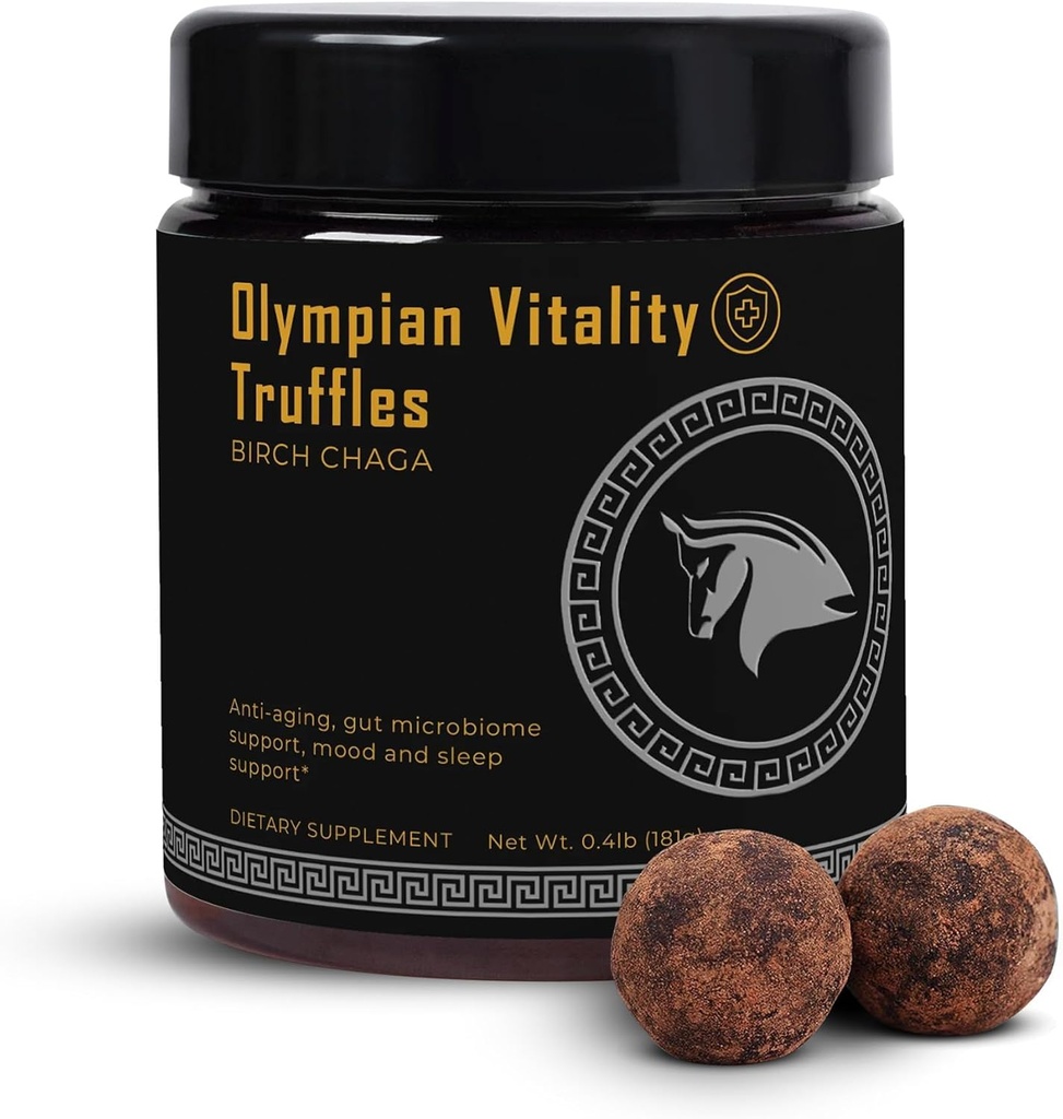 Olympian Vitality Truffles current 124; Natural Gut Health Dessert & Gut Detox Supplement + Sleep Support current 124; Humic & Fulvic Acid Organic Pure Cacao & Date current 124; Non GMO & Organic cut 124; Spartan Bee Bread Brand