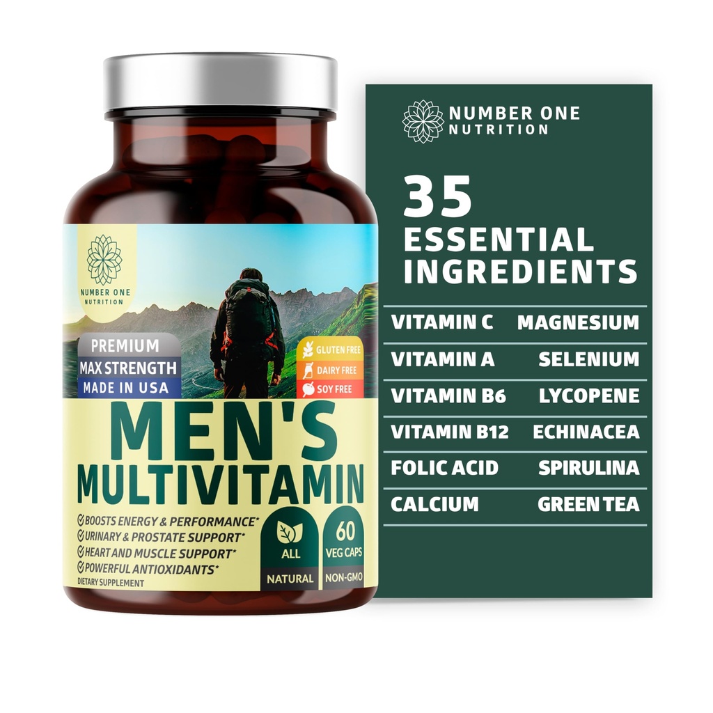 Number One Nutrition Premium Men 's Daily Multivitamin Multimineral Supplement [gluten Free, Non- GMO], Vitamíny A C E D B1 B2 B3 B5 B6 B12, Magnesium, Biotin, Sprulina, a zinek, 60 Veg Caps