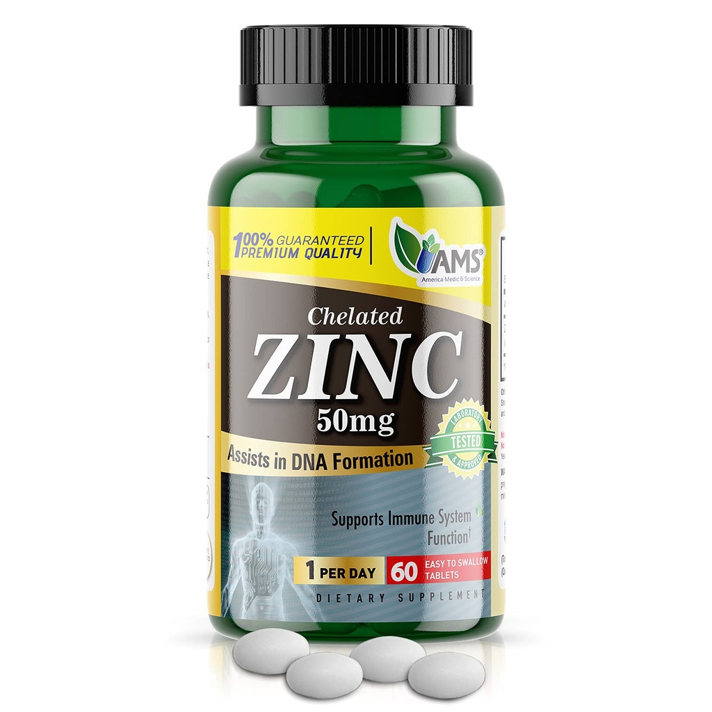 America Medic & Science Chelated Zinek 50 mg doplňky (1 balení 60 tablet) Imunitní posilovač a silné antioxidační pilulky pro dospělé muže a ženy 124; Vysoce absorbovatelné minerální látky, zlepšuje nálada a spánek