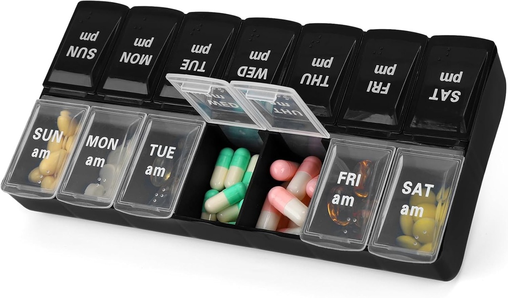 7 dní týdně PM Pořadatel pilulek, 2 krát denně Velký Pouzdro Pouzdro pilulky pro pilulky vitamínové doplňky léky (Black + White, 2 krát)