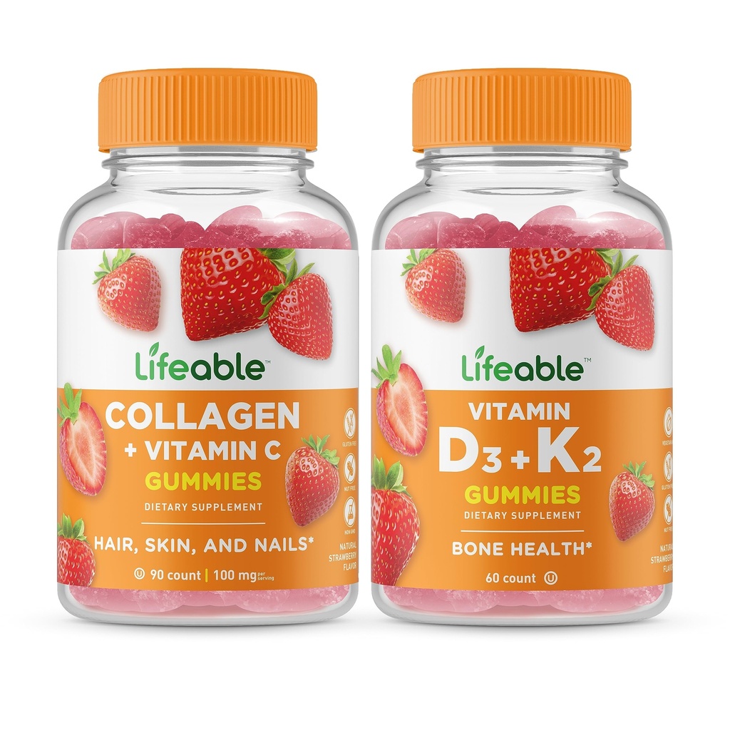Živý kolagen a vitamin C + vitamin D3 + vitamín K2, gumies Bundle - Velký přípitek, vitamin dodatek, gluten zdarma, GMO zdarma, žvýkací žlab
