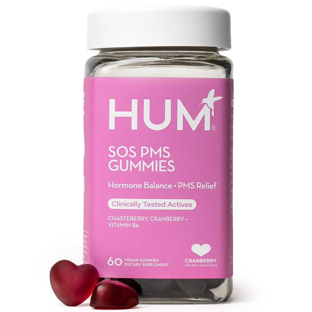 HUM Nutrition SOS PMS Gummies, PMS Support Supplement for Women, Support Cycle Symptoms, Bloating, Hormonal Balance, Includes Vitamin B6, Cranberry & Chasteberry Vitex, Gluten Free, 60 Vegan Gummies