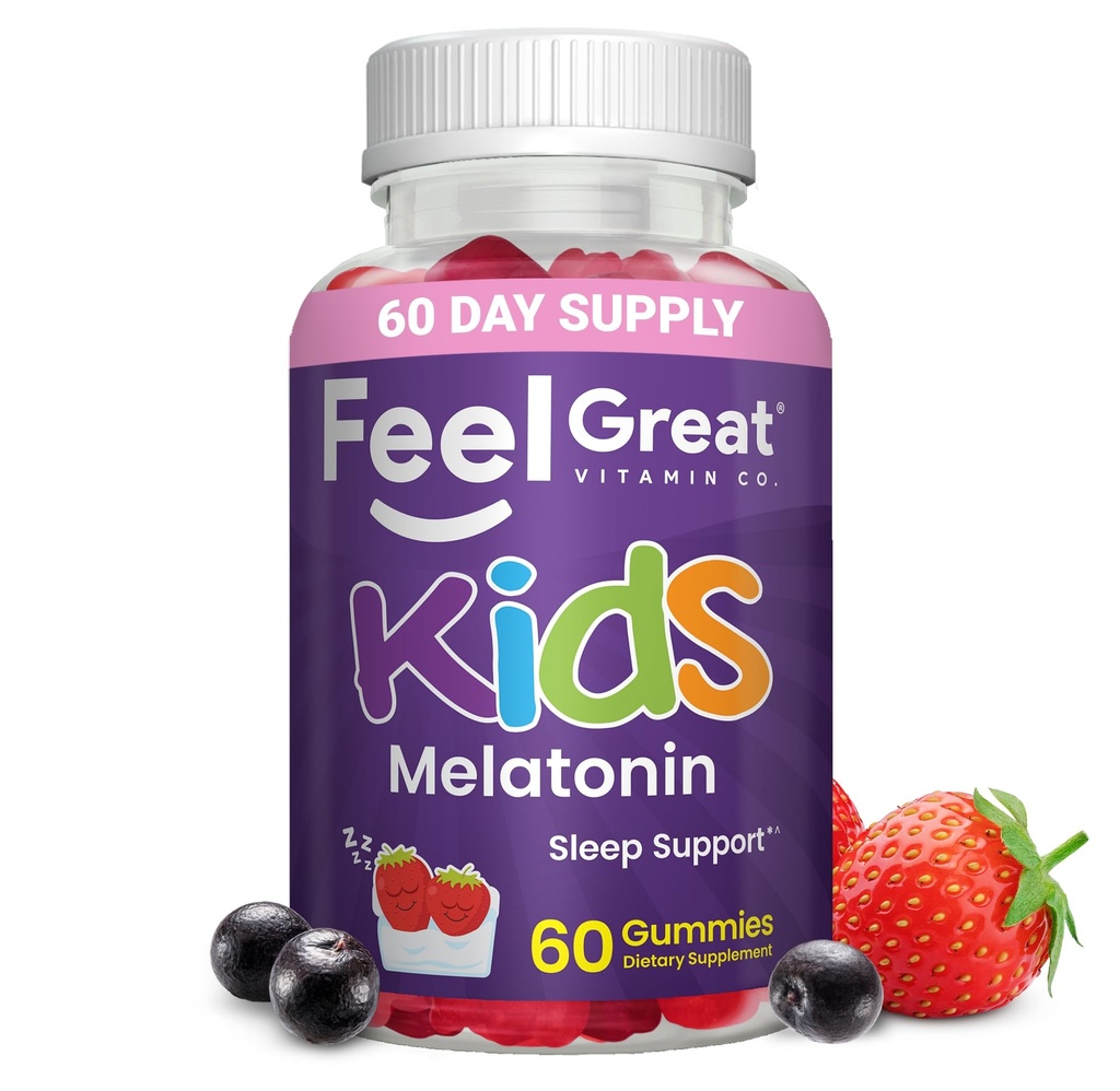 Feel Great Kids Melatonin Gummy 124; Jahodové ochucené melatonin Gummies Děti 124; 1 MG melatonin Sleep Aid for Kids 124; Vegan Gummies 124; 60 Day Supply