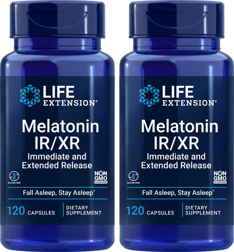 Life Extension Melatonin IR / XR, 120 Kapsle (Balení po 2) - Okamžitý & Extended-Release for 7 hours support - Night Time Supplement - Pobyt Asleep All Night Long - Non- GMO, gluten- zdarma