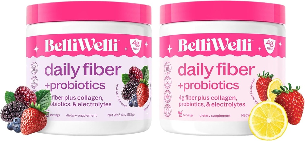 Belli Welli Daily Fiber Supplement Bundle s kolagenem, probiotika a elektrolyty - Strawberry Lemonade & Wild Berry Flavors - Podporuje Digestion, Gut Balance, & Defloating - 32 Služeb