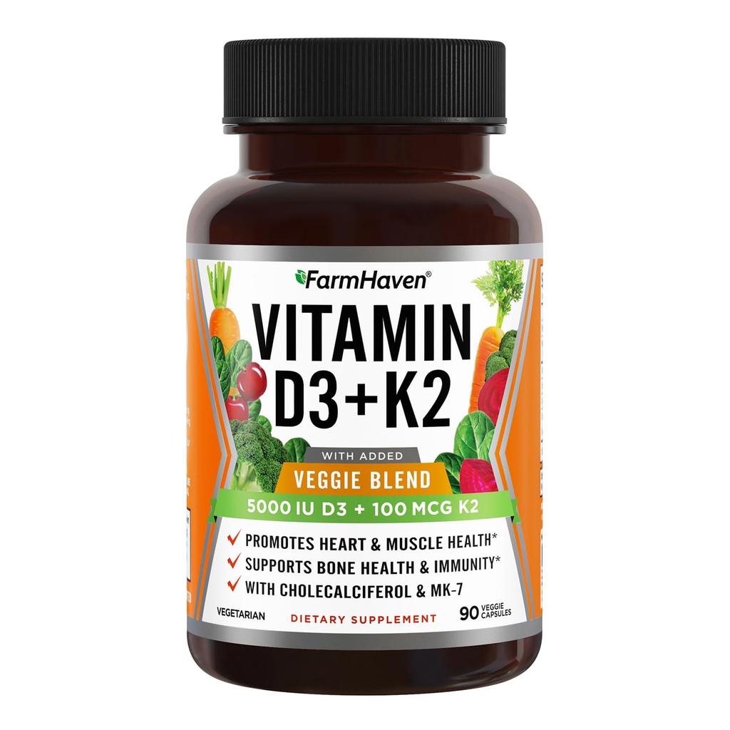 FarmHaven Vitamin D3 K2 Kapsle - 5000 IU D3 a 100 mcg K2 - Cholekalciferol MK7 s Veggie Fruit Blend - Vitamin D K2 dodatek pro imunitní systém a zdraví srdce - Vegetariánské, Non- GMO, 90 Caps