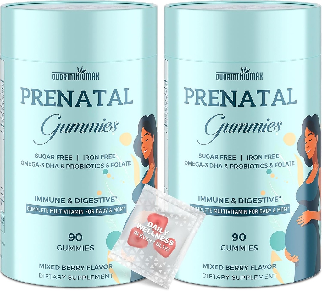 Prenatální gumy Sugar Free 180 Počet - Organics Prenatal Vitamíny pro ženy s folátem, DHA & Probiotika - Železo zdarma Prenatální vitamínové gumy pro imunitní a stravitelné - 2 Lahvičky