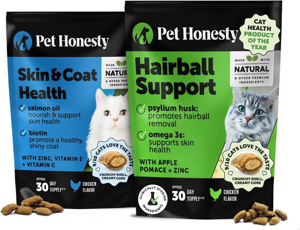 Kočka kůže a coat zdraví a kadeřnictví Support Bundle: Omegas & Biotin Chews for Shiny Coat & Furball Remedy (Kuřecí 30- Day Supply)