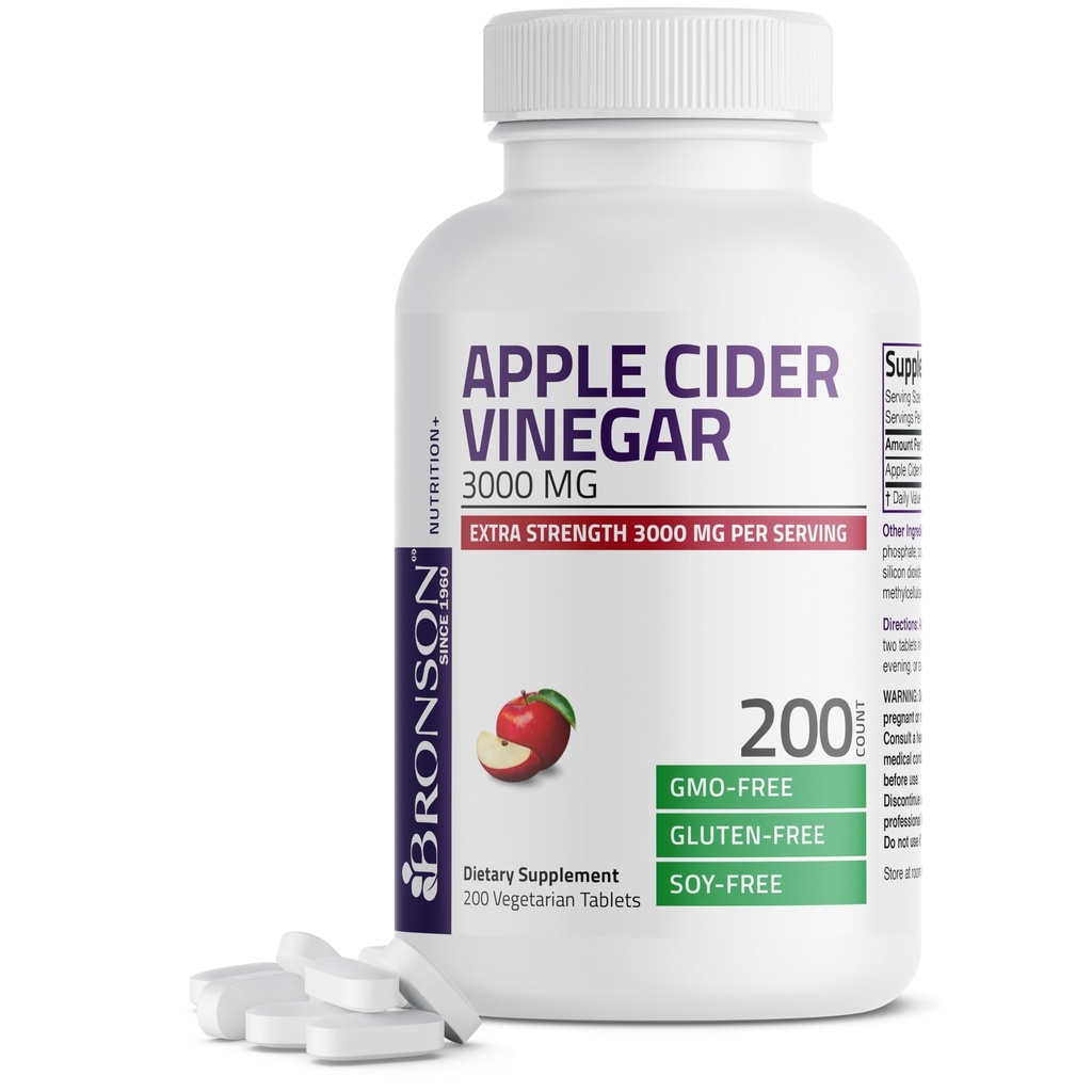 Bronson Apple Cider ocet 3000 MG per Serving Extra Strength - Non- GMO, 200 Vegetariánských tablet