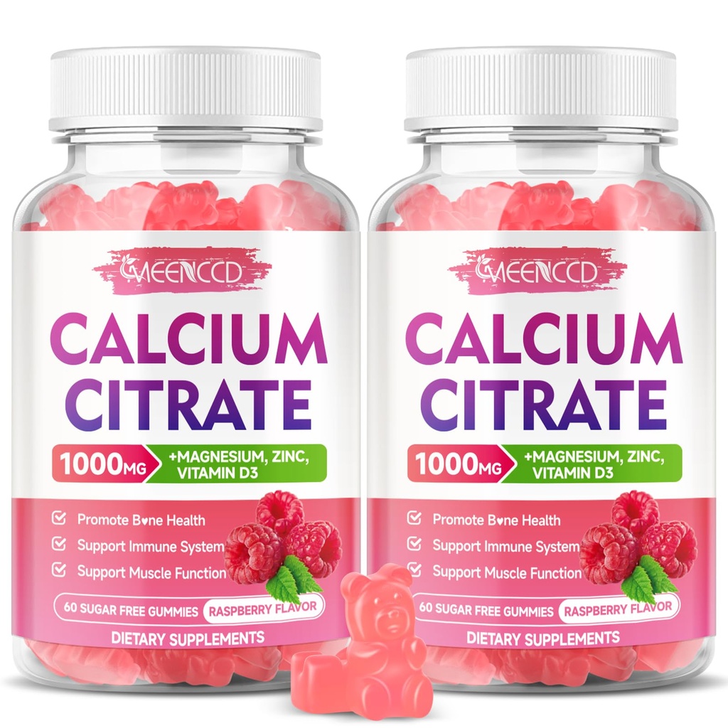 2 balení vápníku Citrátové gumy 1000mg w / vitamín D3, vysoká absorpce vápníku gumy pro ženy a muže, Plus hořčík, draslík, zinek pro svalovinu a imunitu, Malina Flavor, 120 Počet
