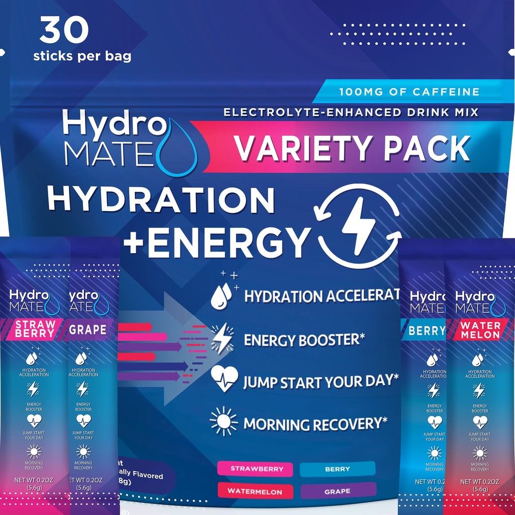 HydroMATE Electrolytes Powder Drink Mix Packets Hydration Accelerator Low Sugar Party Favorits for Rapid Recovery Vitamin C Plus Caffeine Variety Pack - 30 Počet