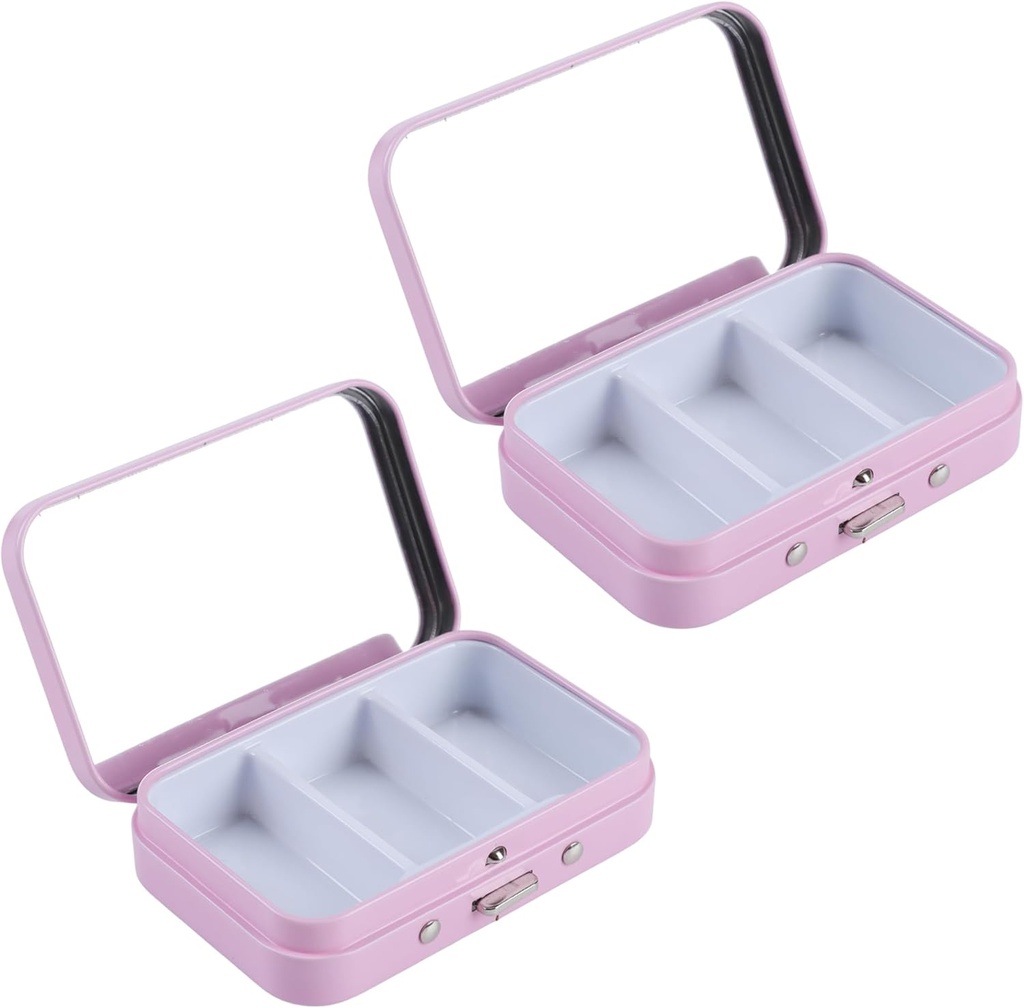 2Pcs 3 Kompartments Pill Pouzdro se zrcadlem, Přenosný Metal Medicine Pill Pořadatel Malá krabička Vitamin Pill Držák na kapesní, Purse, Cestování (růžová)