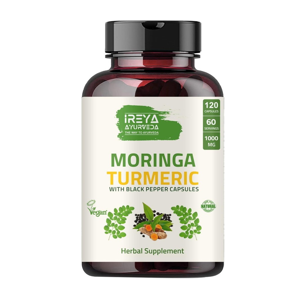 Organic Moringa Oleifera Powder & Turmeric Root Powder with Blackpepper 120 Capsules Current 124; Made with Organic Moringa, Turmeric and Black Pepper Current 124; Vegan, Gluten- Free and Non- GMO.