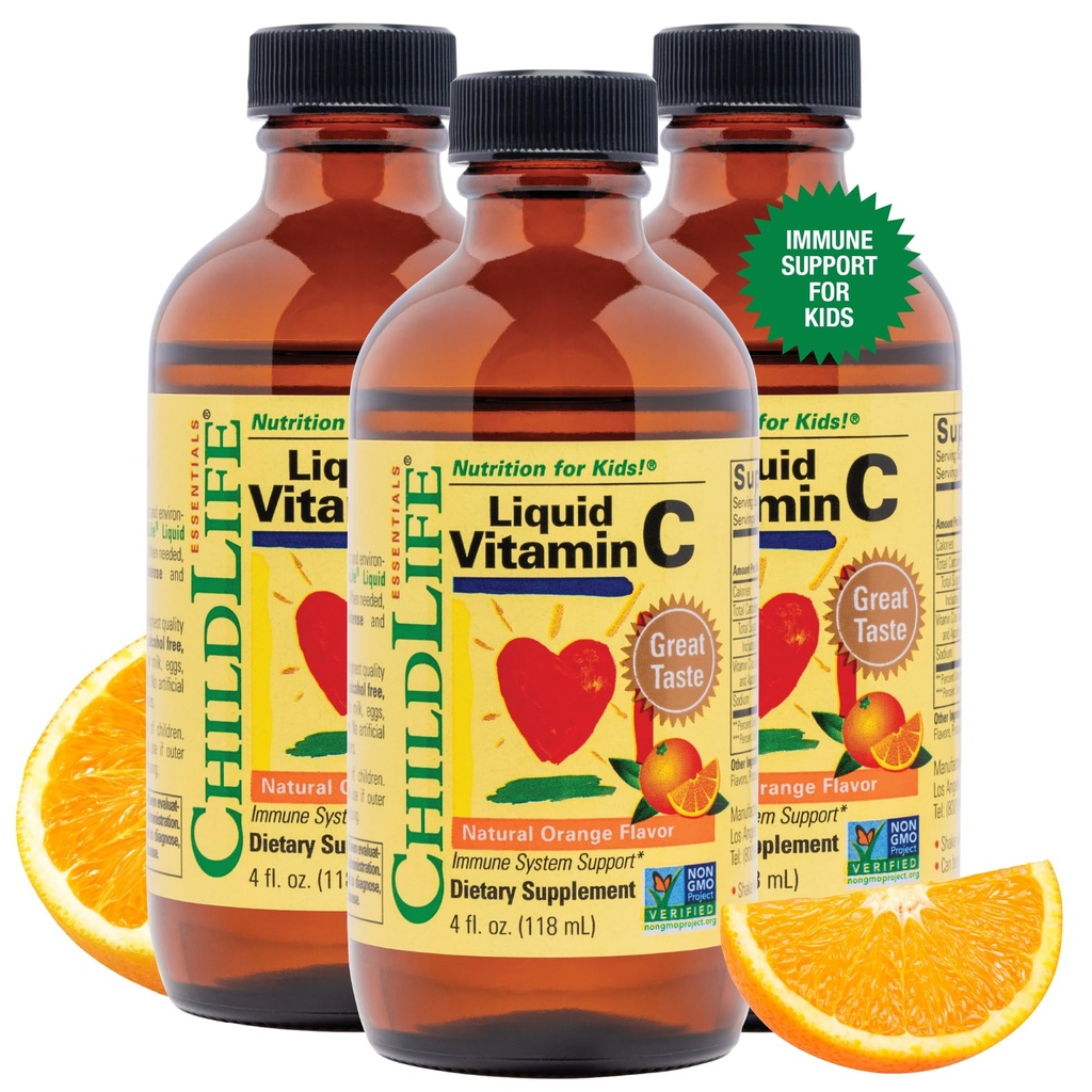 Dětský život ESSENTIALS tekutý vitamín C - čistý vitamín C Tekutý dodatek pro děti, imunitní systém podpora, Velká chuť - Přírodní Orange Flavor, 4 Fl Oz (balení po 3)