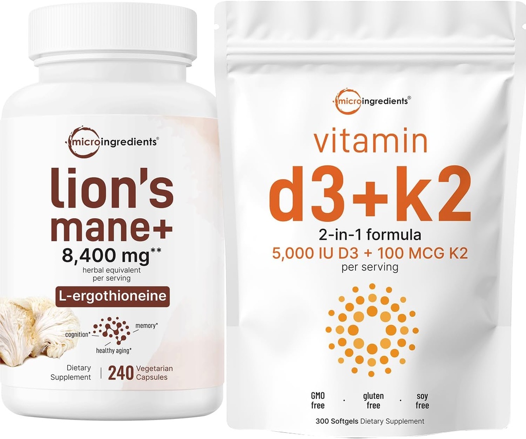 Mikro ingredience Vitamin D3 5,000iu + K2 100mcg Softgels & Lions Mane doplněk 240 Veggie Kapsle Bundle 2 Balení 124; Essential Sunshine Vitamíny I124; Superfood Houbový Antioxidanty s L- Ergothionein