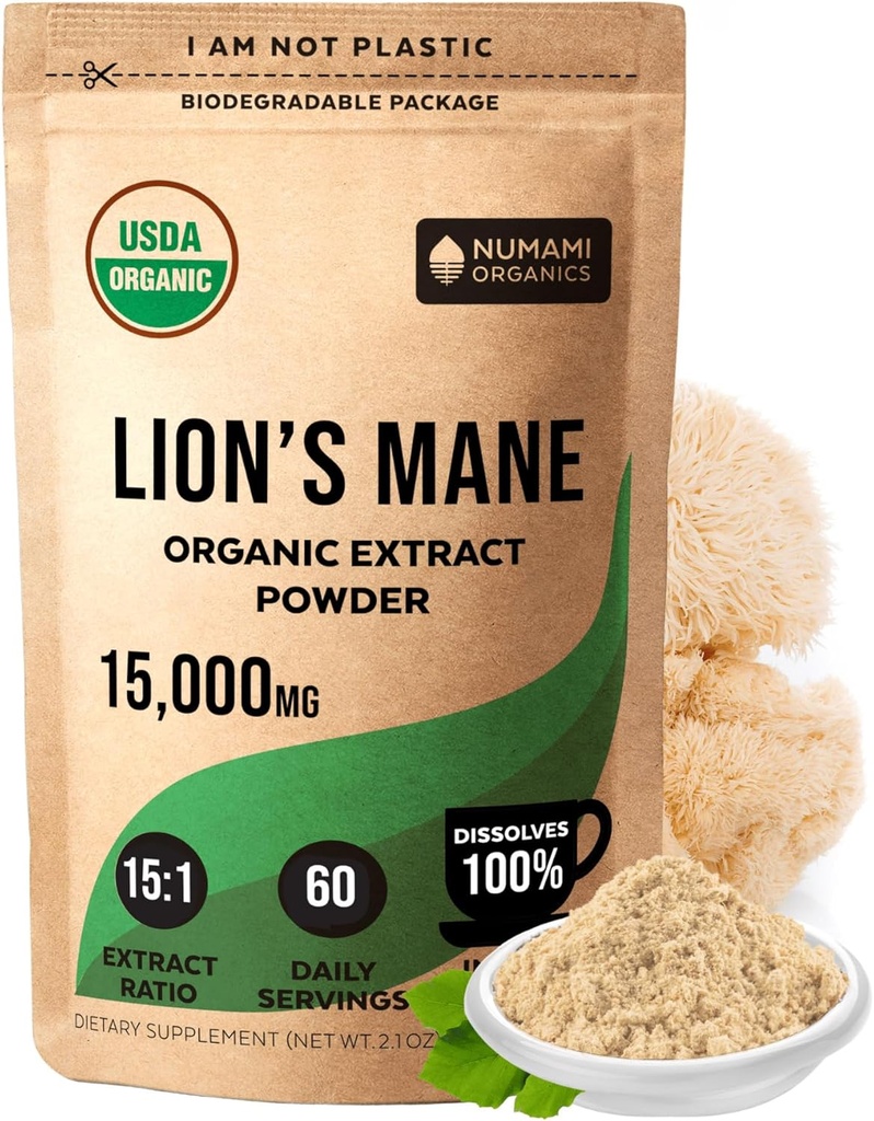 Numami Organic Lions Mane Houba Extract Powder 124; Double Extrakce pro vysokou potenci 124; Snadno rozpustí v Denní čaj kávy nebo Smoothie k posílení kognitivní funkce