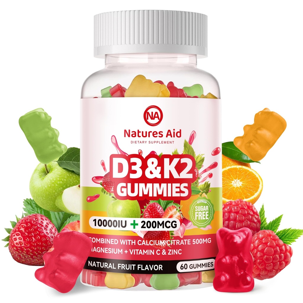 Naturations Aid Sugar- Free Vitamin D3 K2 Gummie s vápníkem + K2 (MK-7), Magnesium Citrát, Vitamin C, Extra síla - Ultimate Absorpce pro kosti svalové zuby imunitní, Vegan - 60 Gummies